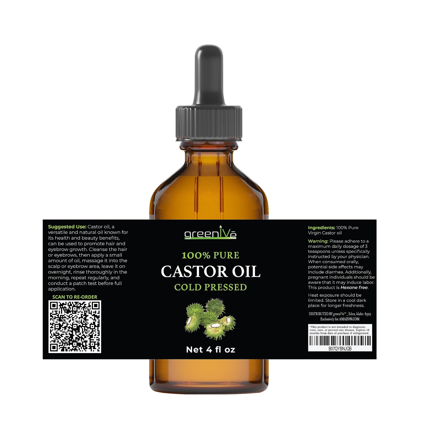 GreenIVe 100% Pure Castor Oil 4oz Cold Pressed Hexane Free Glass Bottle