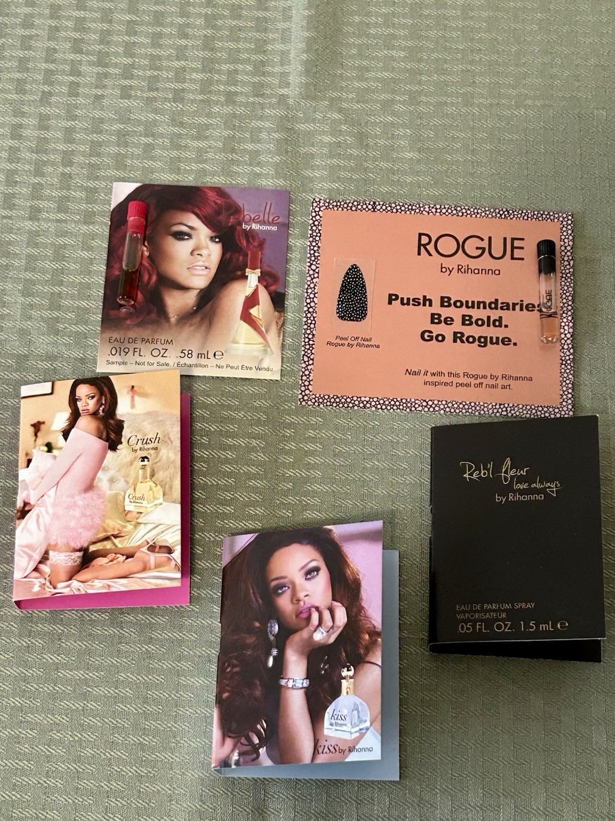 5 Rihanna Perfume Samples- Crush, Reb’l Fleur, Kiss, Rogue, Rebelle -NEW