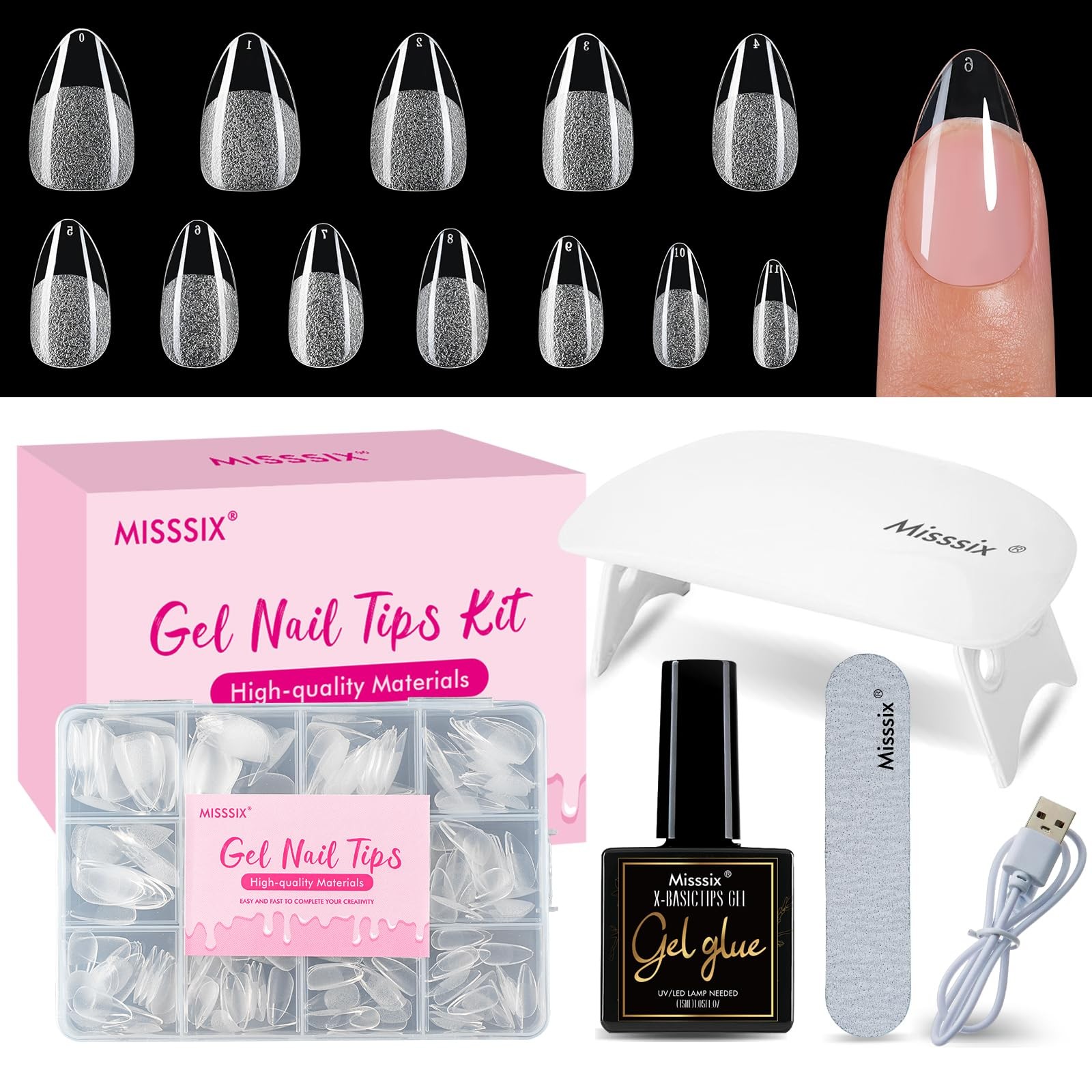 Short Almond Nail Tips Kit, 216Pcs Pre Etched Clear Fake Nails, Full Cover Fa…