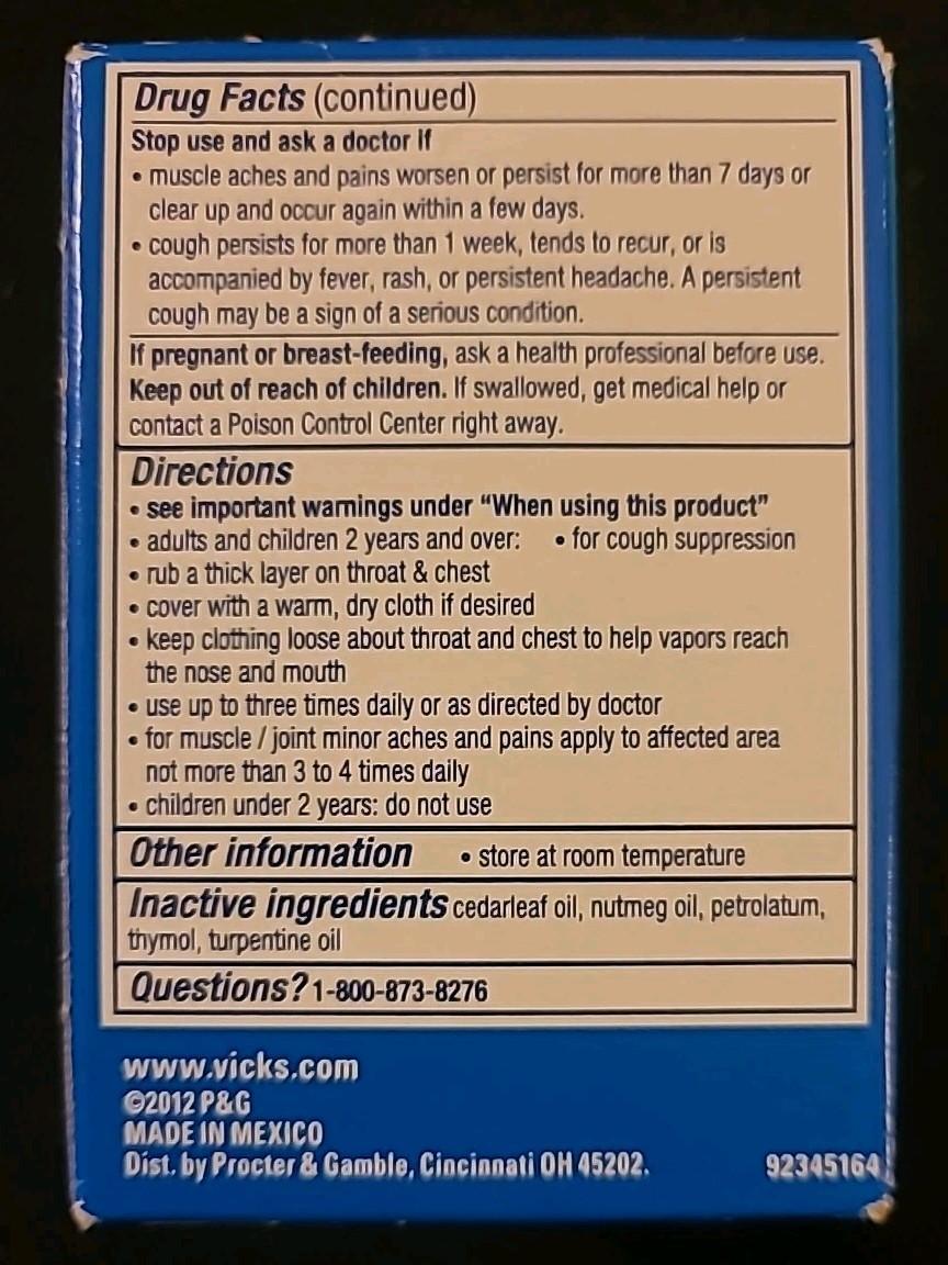 Vicks 223311 VapoRub Cough Suppressant Topical Analgesic Ointment – 3.53 Oz