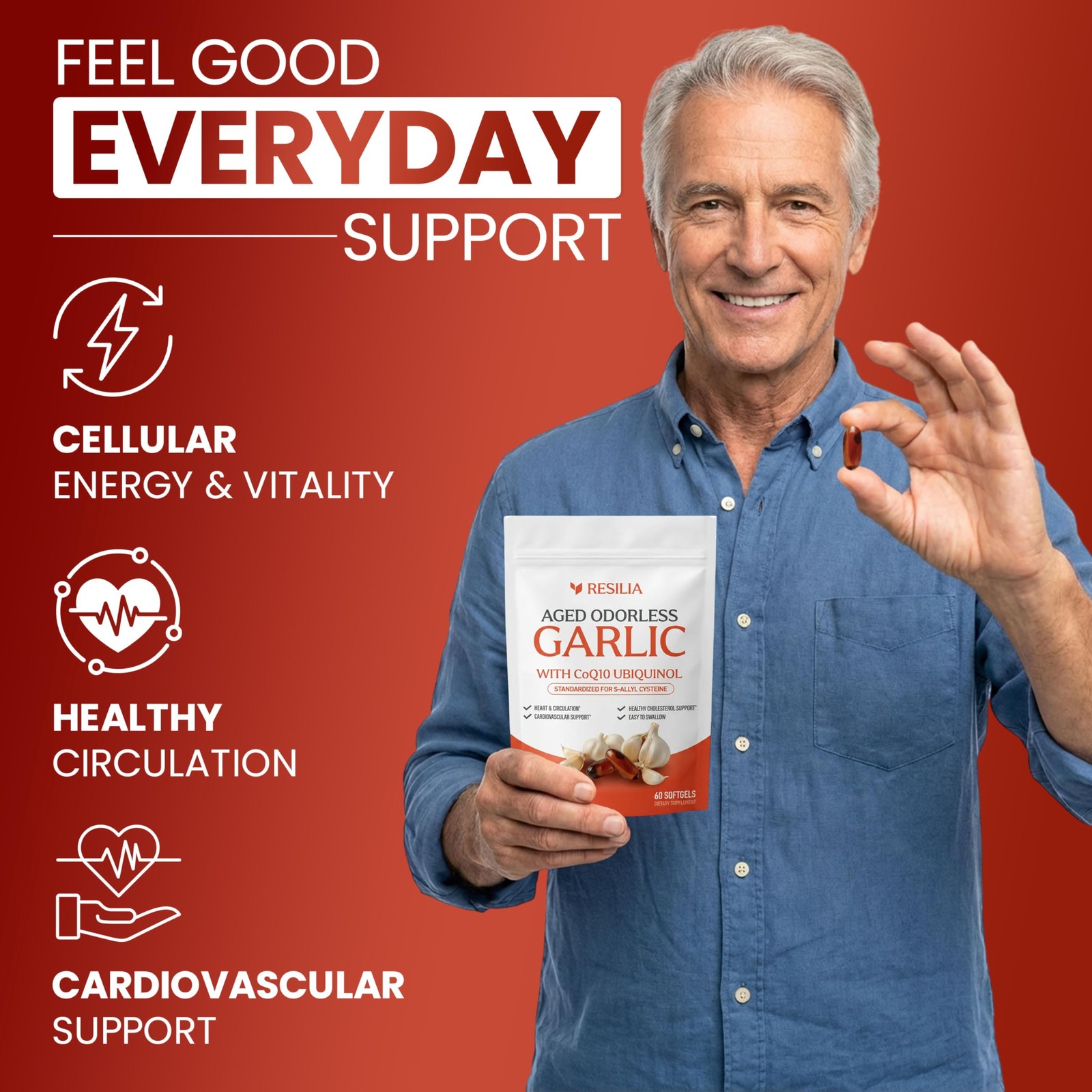 Resilia Garlic Extract 600mg Softgels (60 Count) – Odorless Aged Garlic Extract