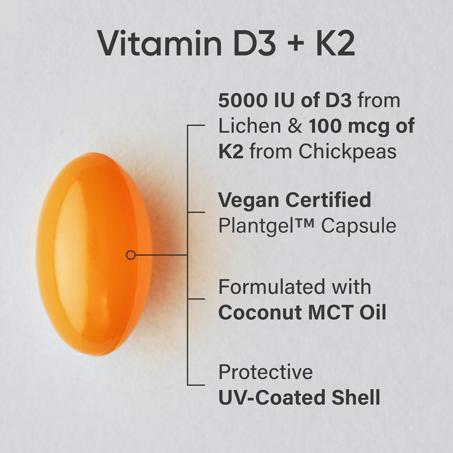 Vitamin D3 K2 Vegan D3 5000iu + K2 MK7 + Plant Based Coconut Oil – 30 Softgels