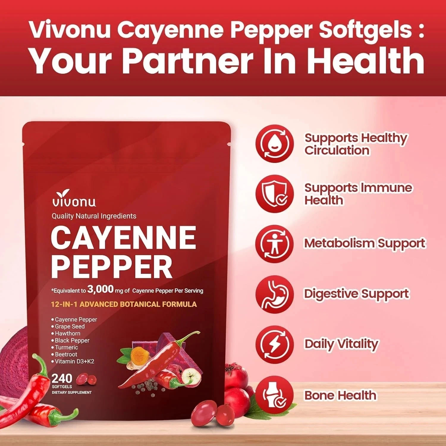 New VivoNu Cayenne Pepper Softgels, 240 Capsules, Free US Shipping