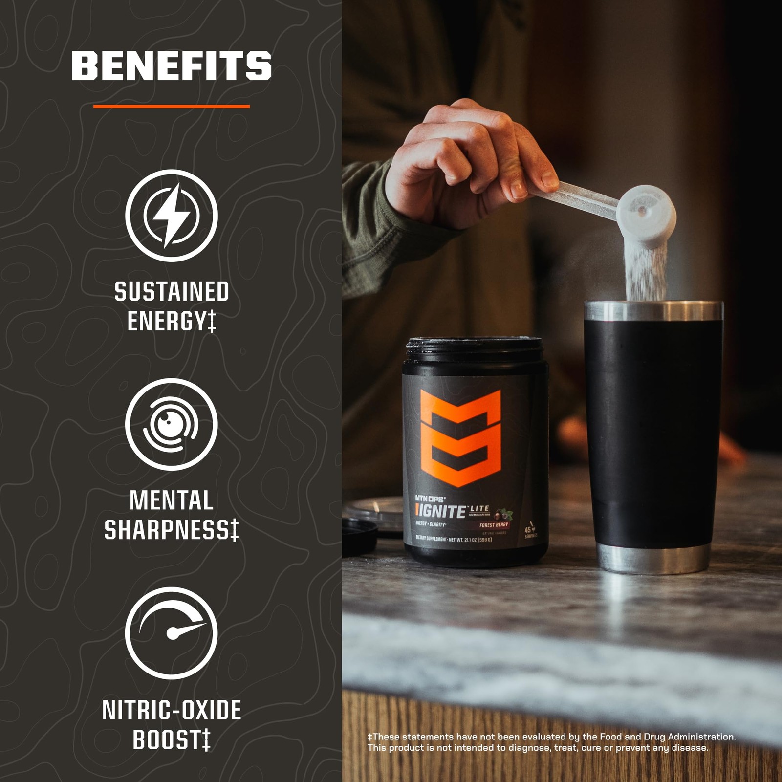Mtn Ops Ignite Lite Sugar Energy Drink Powder 100Mg Caffeine Nootropic Blend