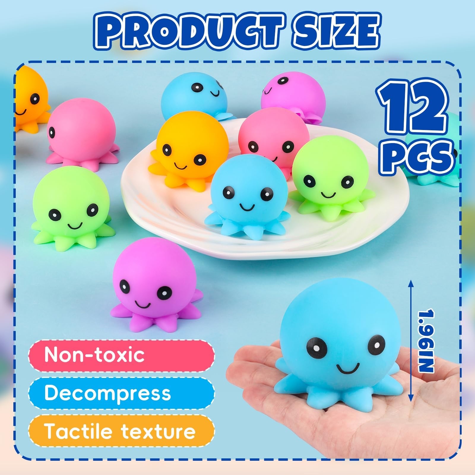 12 Pack Cute Octopus Stress Balls – Fidget Toys, Squishy Squeeze Balls, Party Fa