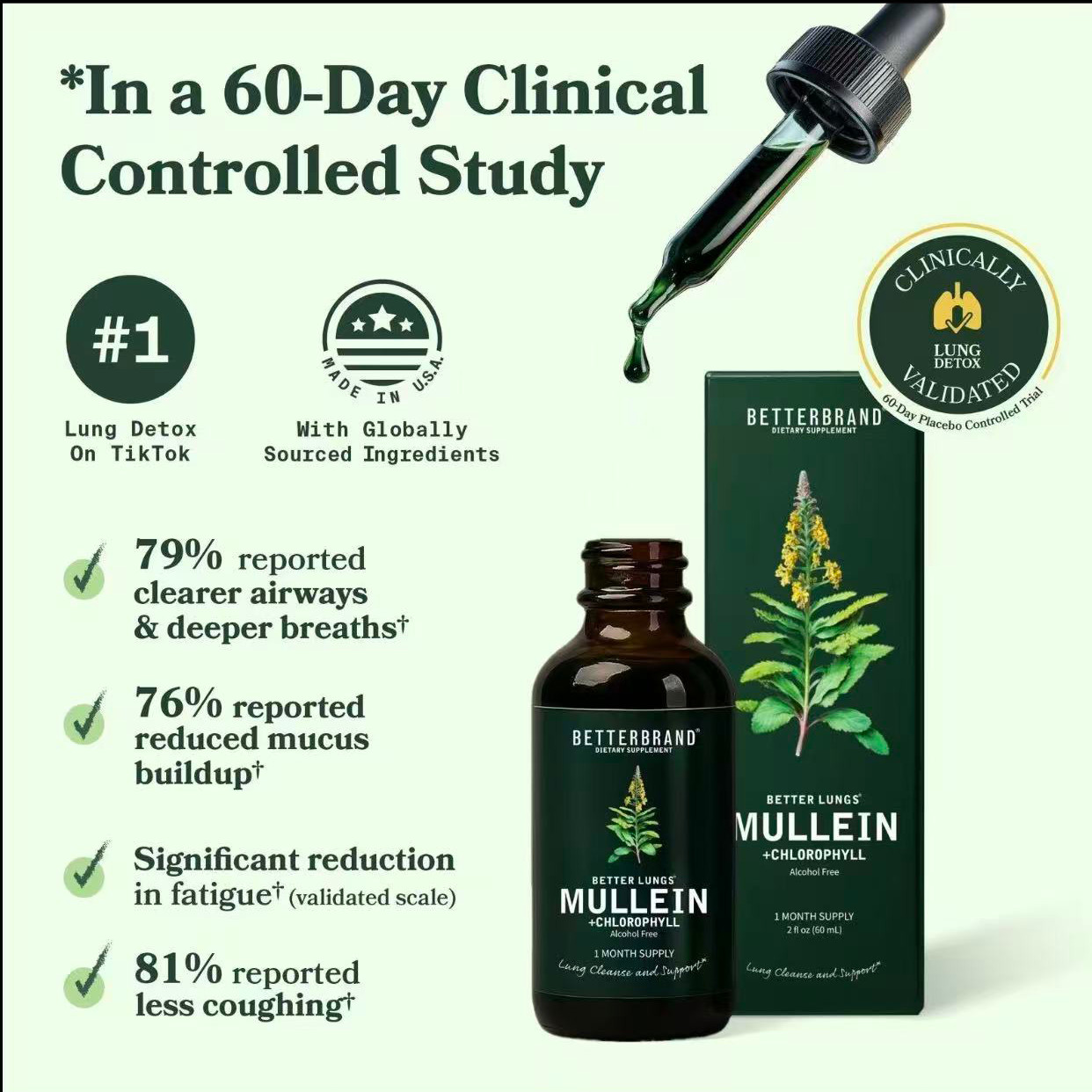 Mullein Leaf & Chlorophyll Drops for Lung Detox & Mucus Cleanse – 30 Servings