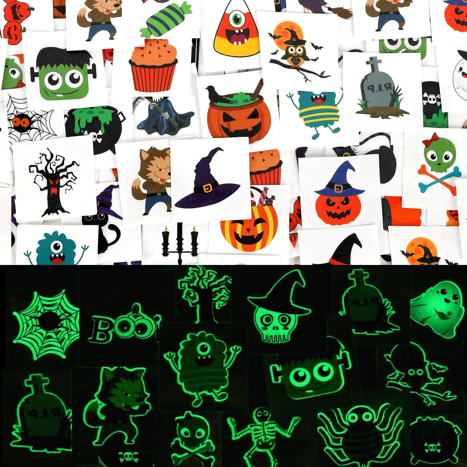 Halloween Temporary Tattoos for Kids, 180 Pcs 1.6 Inch Glow in Dark Bulk Tattoos