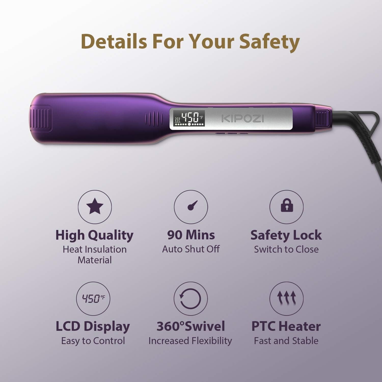 KIPOZI 1.75″ Salon Hair Straightener Titanium Flat Iron LCD Display Dual Voltage