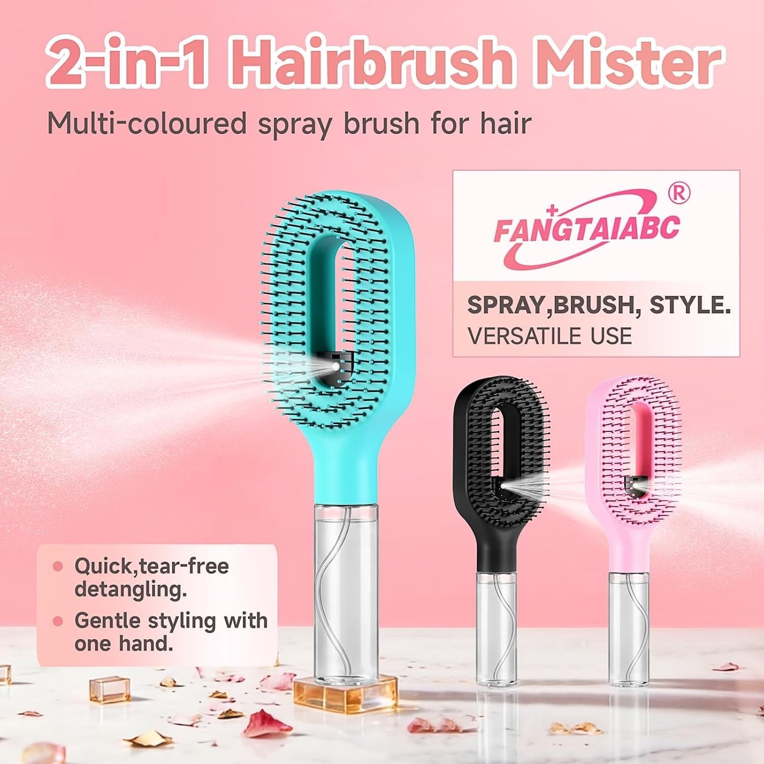 2 in 1 Hair Brush with Water Spray Bottle Detangling Styling Brush Portable