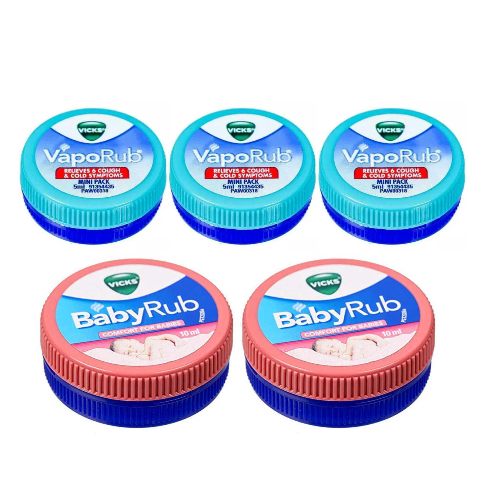 Vicks VapoRub 5ml x3 + BabyRub 10ml x2 Travel Size Cold relief & Baby Care Pack