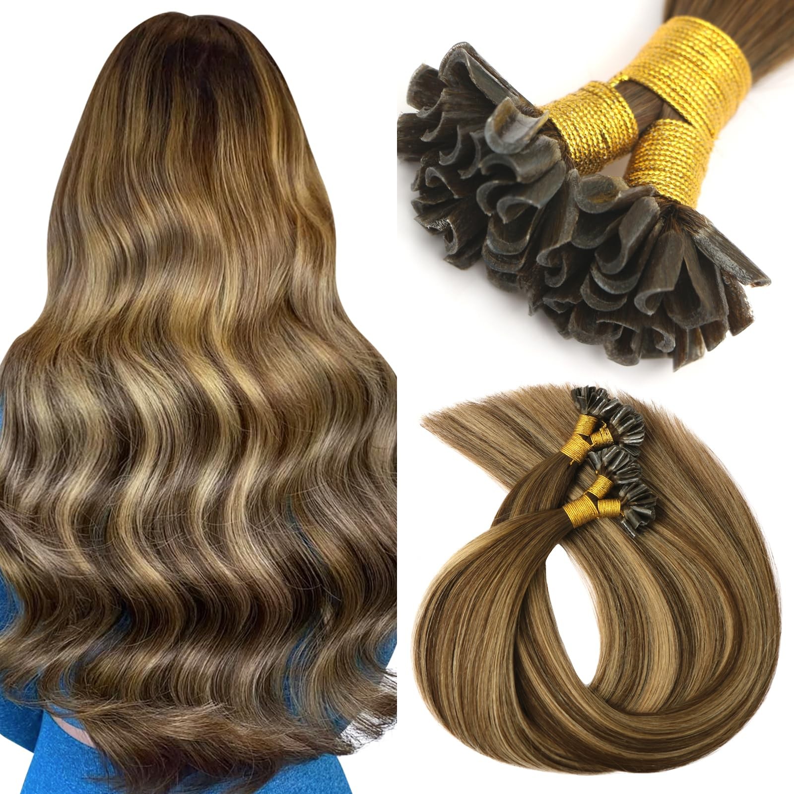 Vinbao U Tip Hair Extensions Human Hair Balayage 50G 50S Brown To Caramel