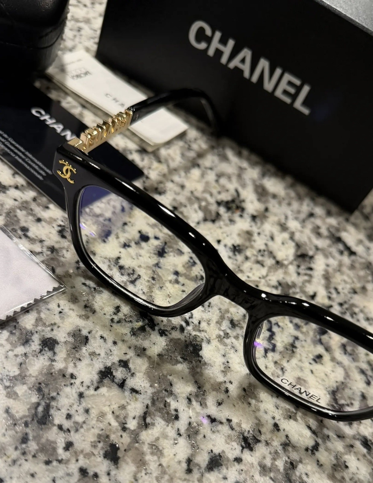 CHANEL Square Black Plastic Full Rim Eyeglasses with Case and Box