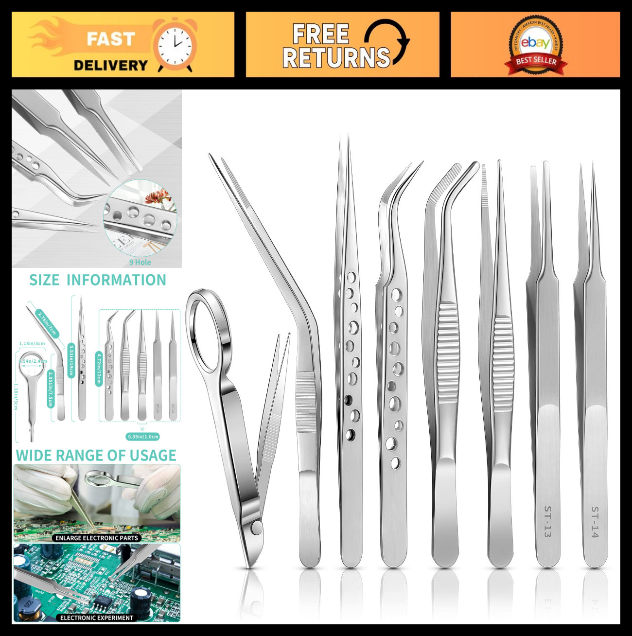 8 Pcs Stainless Steel Tweezers Set with Magnifying Glass – Curved, Straight, Fin