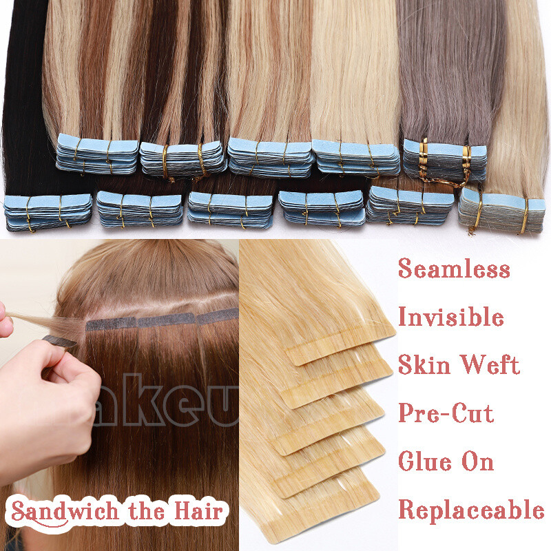 Real Human Hair Extensions Tape In Invisible Skin Weft Hairpiece Real Remy Piece