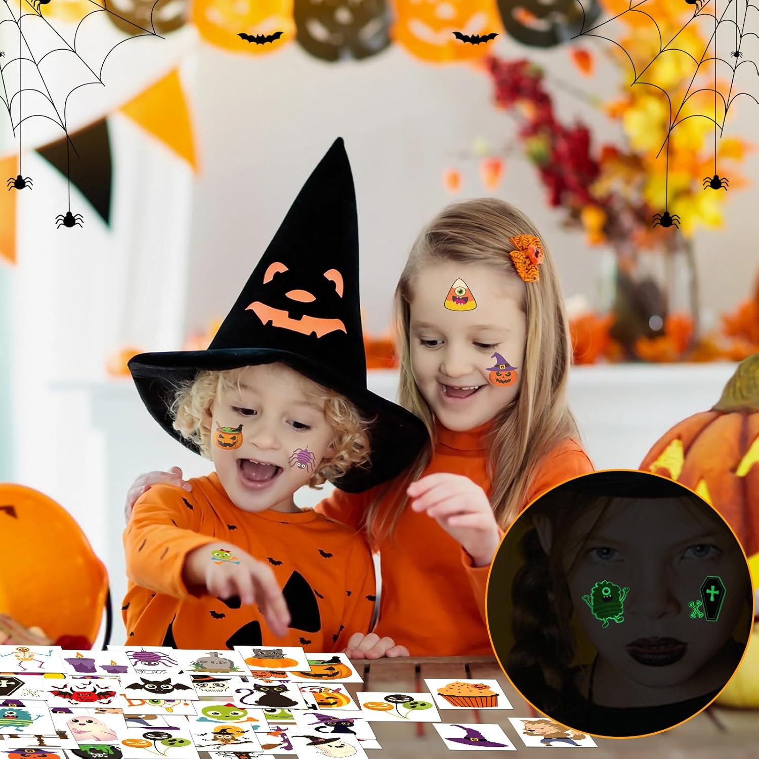 Halloween Temporary Tattoos for Kids, 180 Pcs 1.6 Inch Glow in Dark Bulk Tattoos
