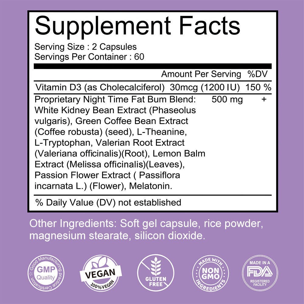 Weight Loss Supplements Slimming Pill Diet Night Time Fat Burner 500mg 120 Caps
