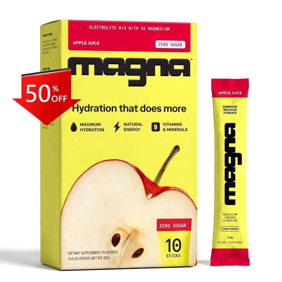 Magna Hydration Electrolyte Mix Stick Pack Dietary Powder – Apple Juice – 10ct
