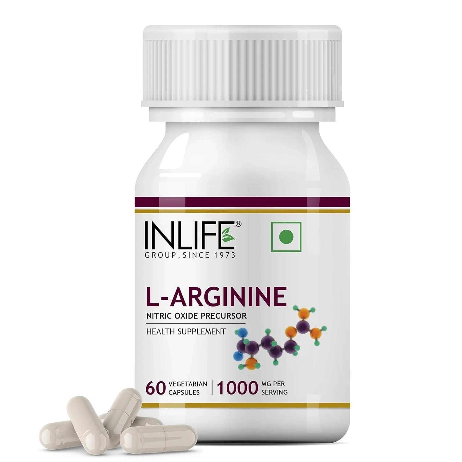 INLIFE L Arginine Capsules 1000mg Supplement – 60 Capsules