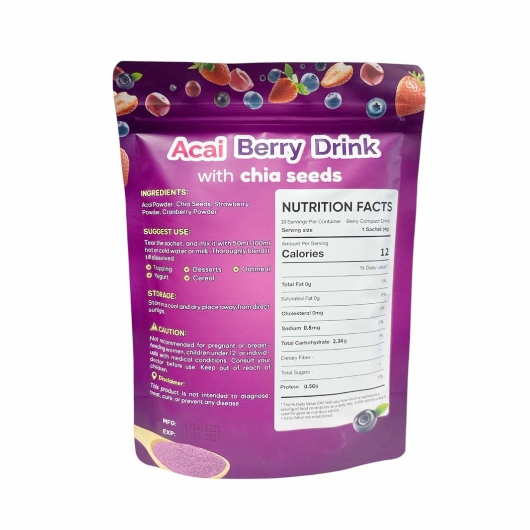 3 Packs FITGUM Acai Berry Drink Powder w/ Chia & Collagen – 10 Sachets Each