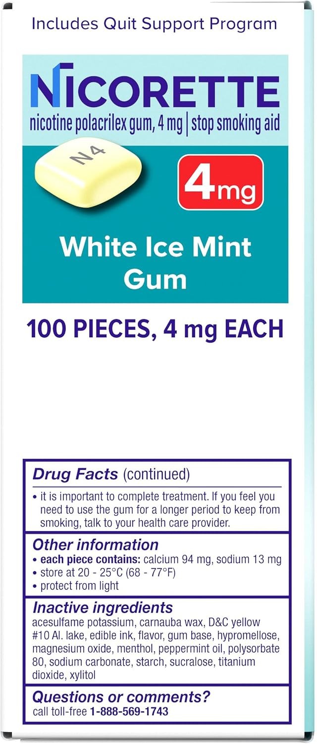 Nicotine Gum Stop Smoking Aid, 4 Mg, White Ice Mint Flavor – 100 Count (Pack of