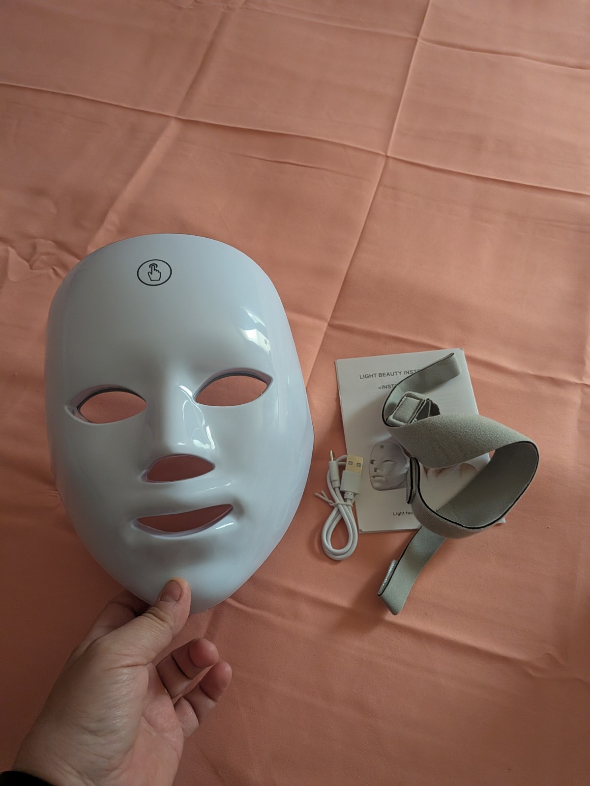 LED Light Therapy Face Mask, Head Strap, Rechargeable Battery, USB Cable, White