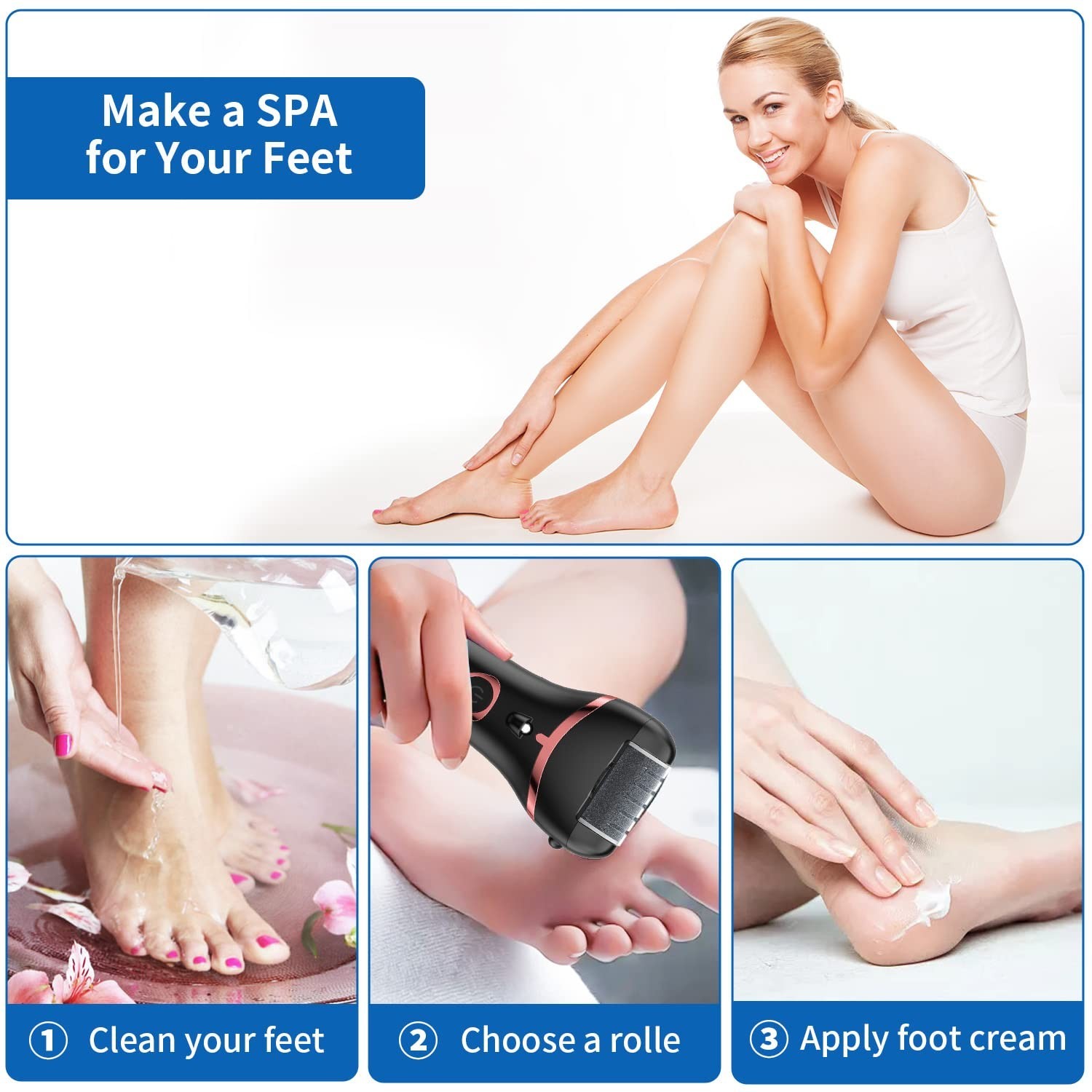 Rechargeable Electric Foot Callus Remover – Waterproof Pedicure Tool Kit, 3 Roll