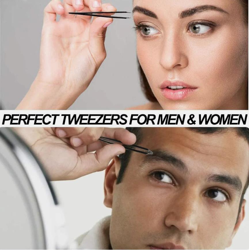 US Tweezers Set 4 Piece Professional Black Plucker Stainless Steel With Case