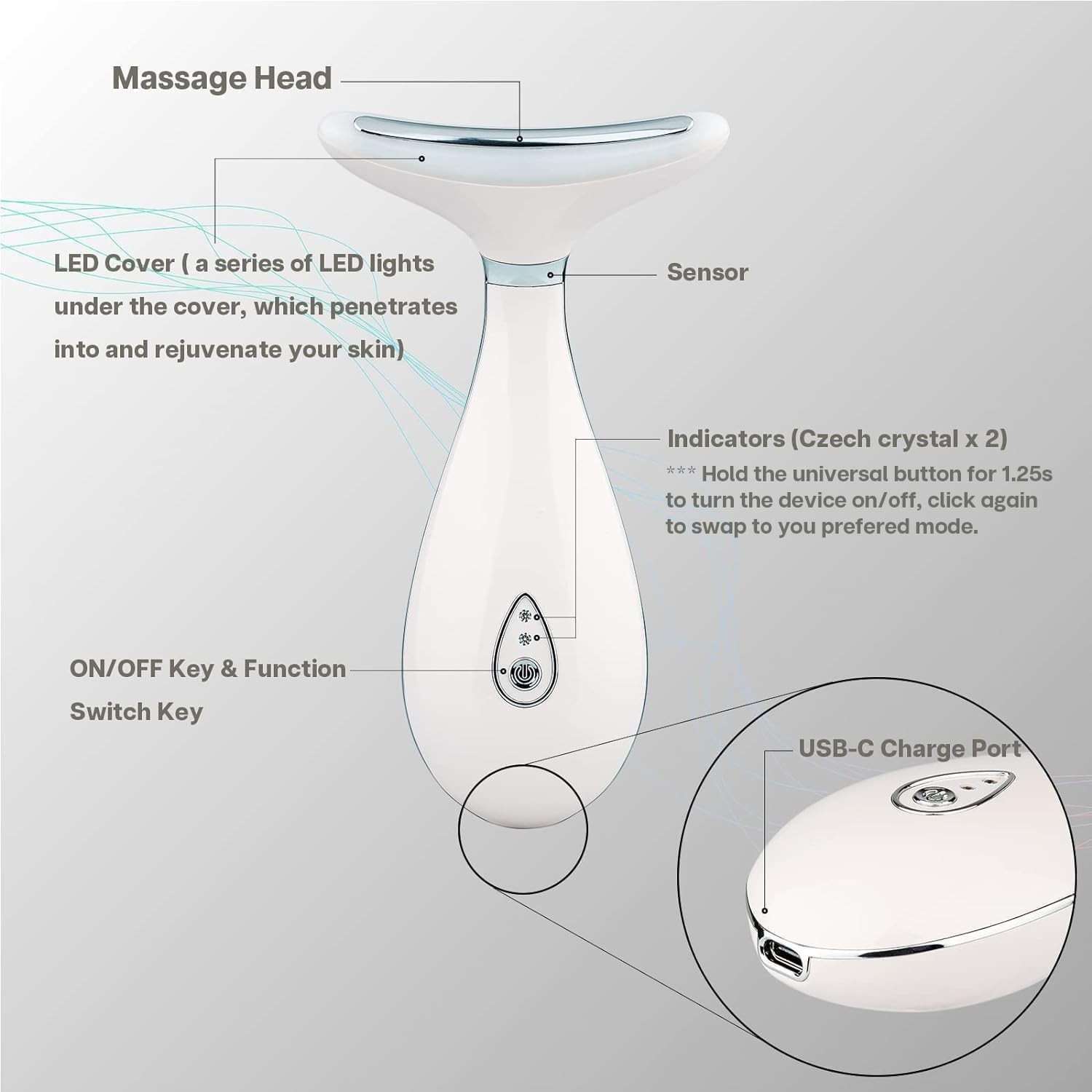 Pearl White Neck & Face Massager – Triple Action LED & Thermal Skin Rejuvenator