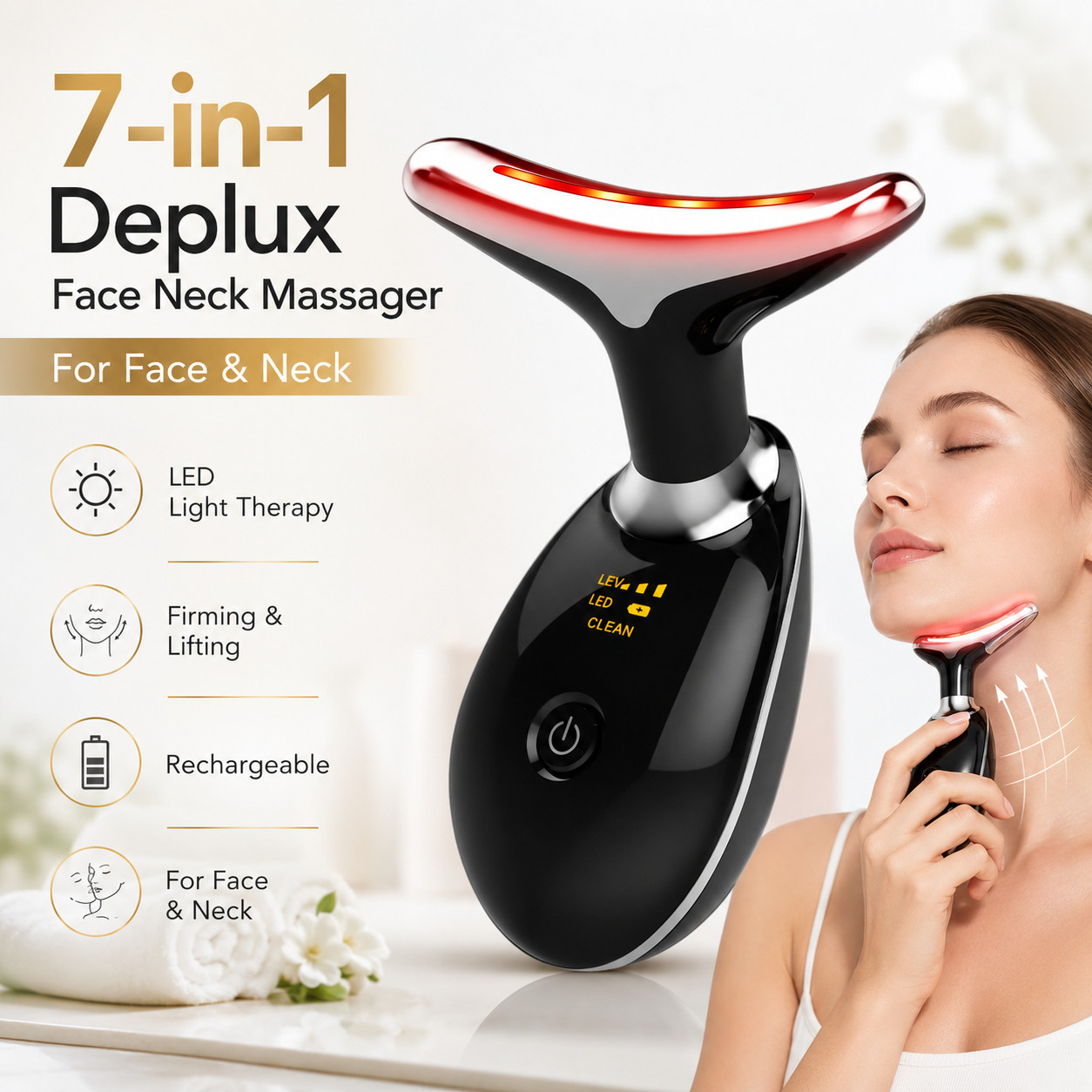 7-in-1 Deplux Face Neck Massager LED Therapy Rechargeable Beauty Device