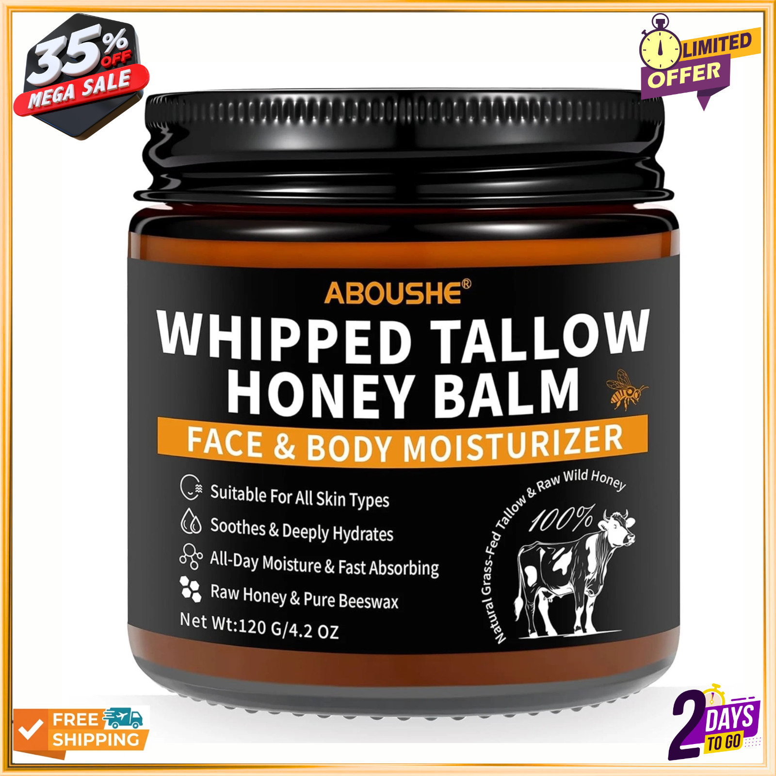 Beef Tallow for Skin, Tallow and Honey Balm for Face, Organic Grass-fed Beef