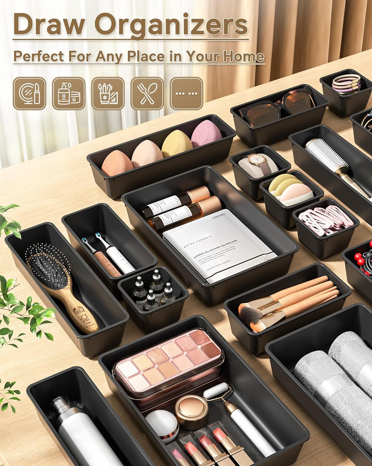KEMETHY 25 PCS Plastic Drawer Organizers Set, 4 Sizes Vanity Organizer, Makeup a