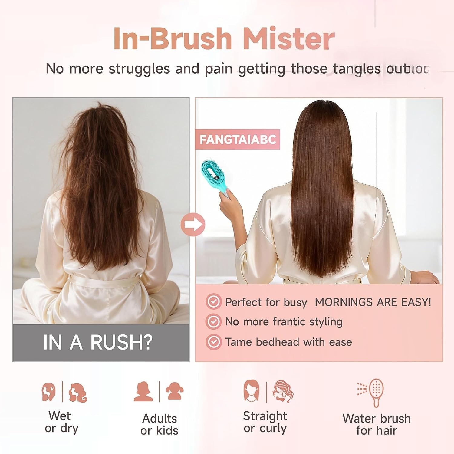 2 in 1 Hair Brush with Water Spray Bottle Detangling Styling Brush Portable