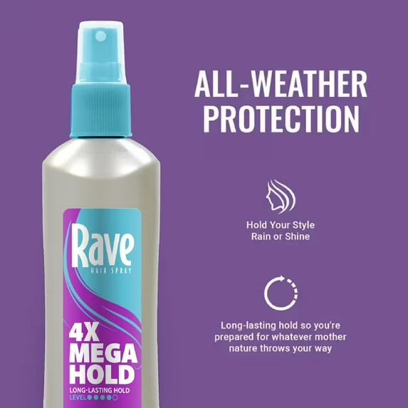 (4 pack) Rave 4X Mega Hold Non-Aerosol Hair Spray, All-Weather Protection with V