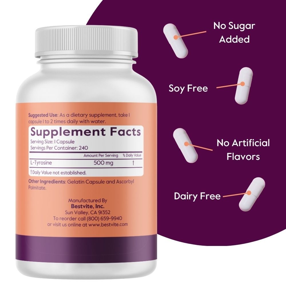 Bestvite L-Tyrosine 500mg (240 Capsules) – No Stearates – Non GMO – Gluten Free