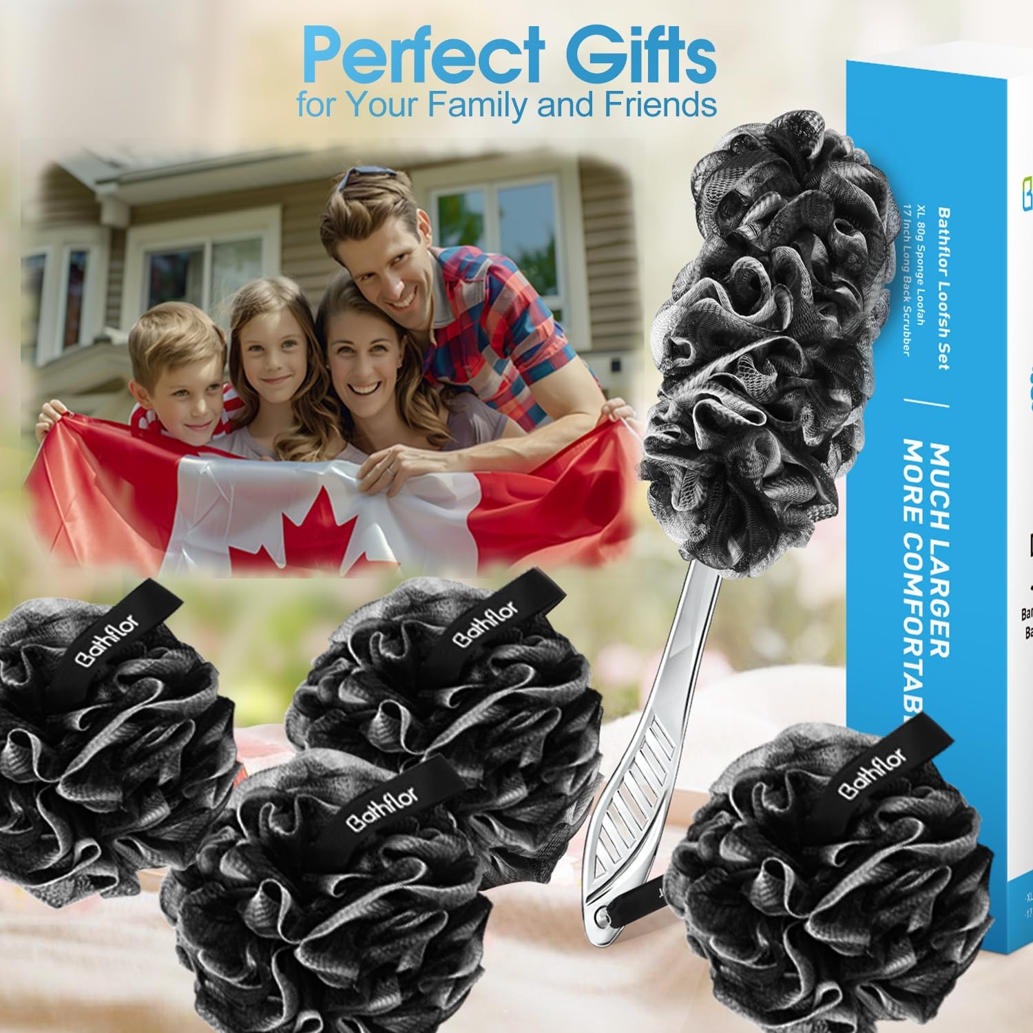 6 PCS Black Charcoal Loofah Set, 4 XL 80g Poufs, 1 Long Handle Back Scrubber