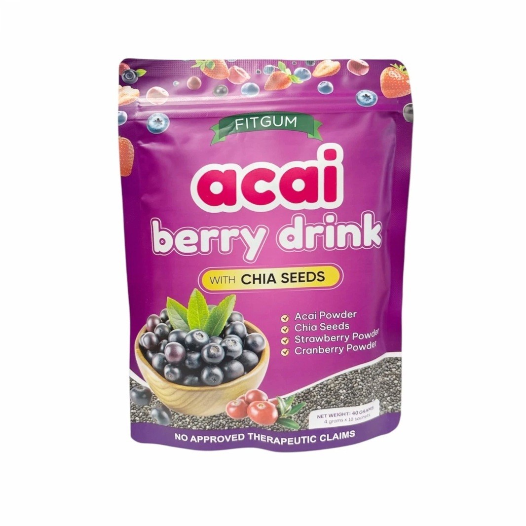 3 Packs FITGUM Acai Berry Drink Powder w/ Chia & Collagen – 10 Sachets Each