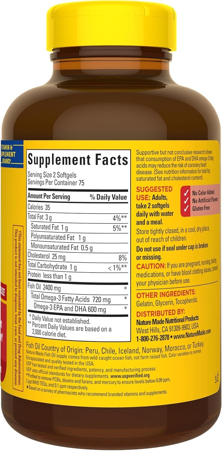 Purified Fish Oil Omega 3 Softgels – Heart Support, 75-Day Supply