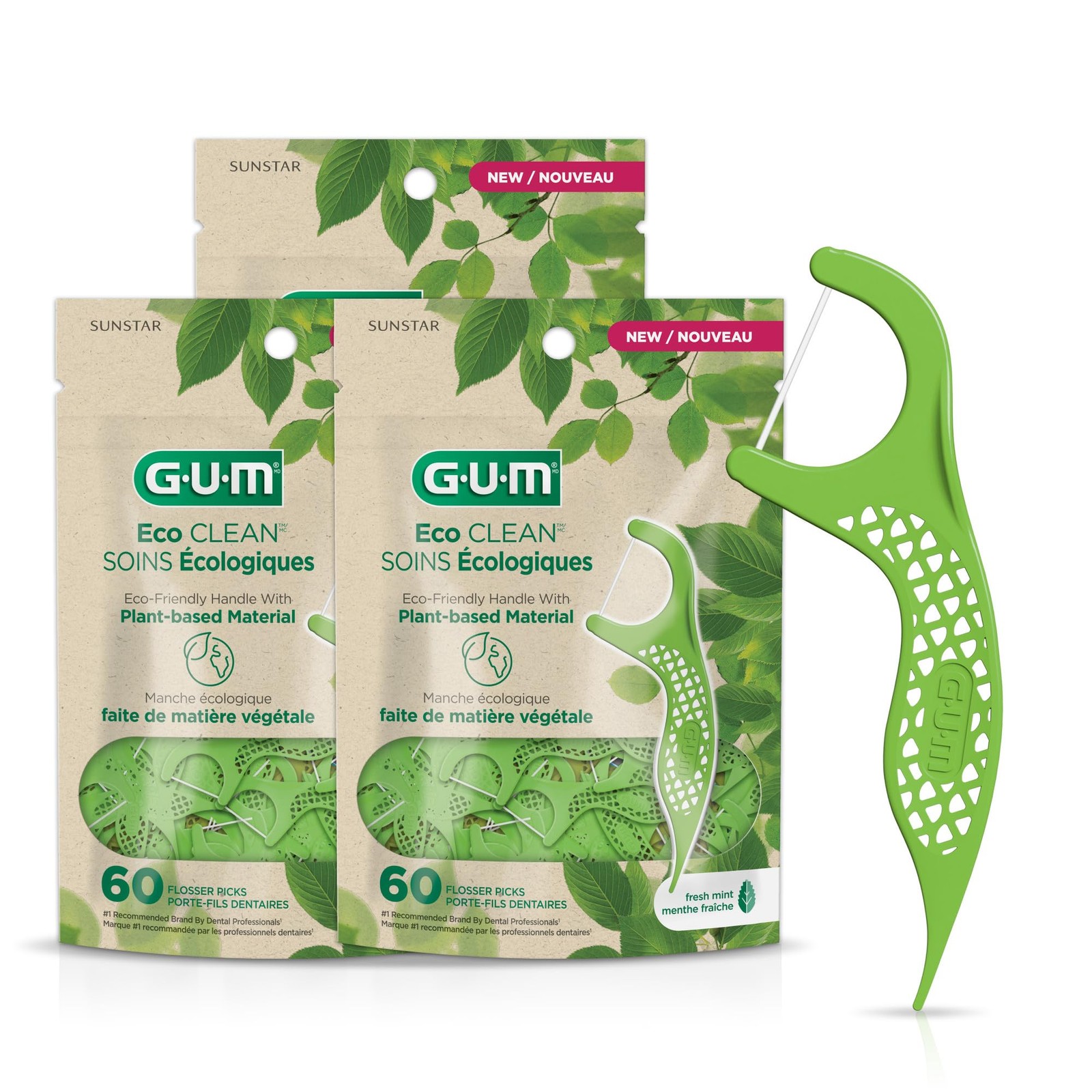 GUM Eco Clean Flosser Picks, Promotes Healthier 60 Count (Pack of 3), Green