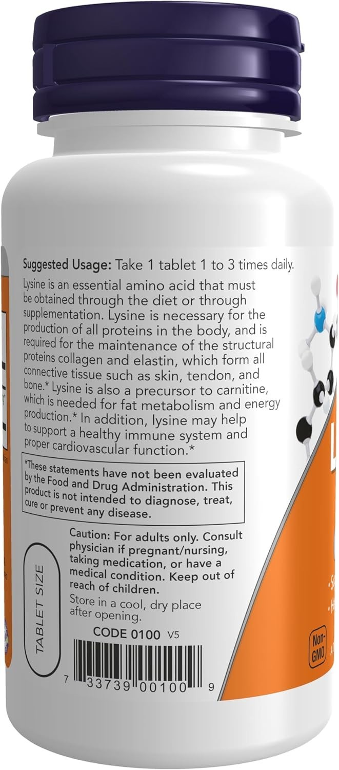 NOW Foods L-Lysine 500mg Amino Acid Immune Support Tablets 100 Count