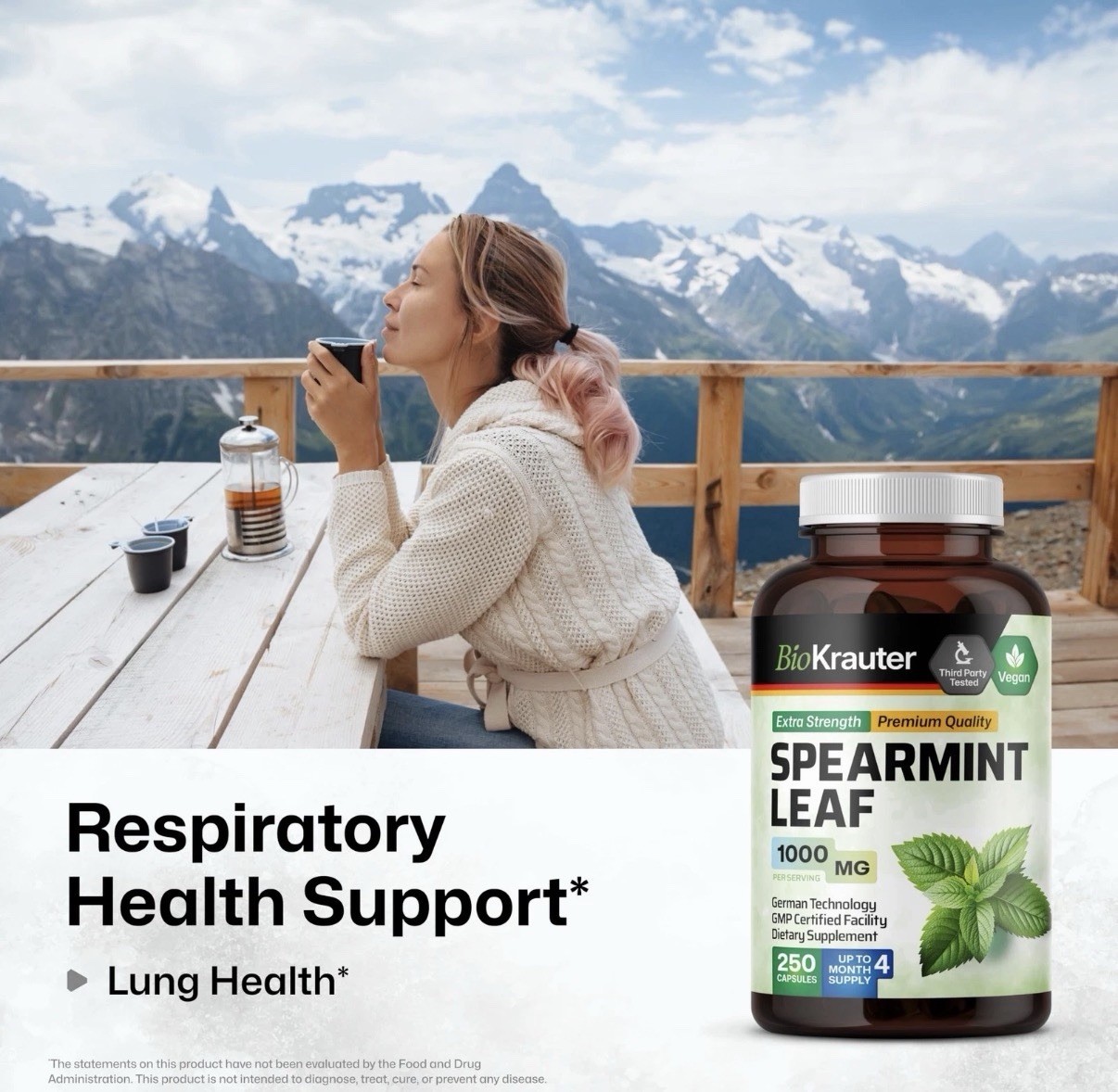 BioKrauter Spearmint Leaf 1000mg Vegan Capsules 250 ct GMO Free No Fillers