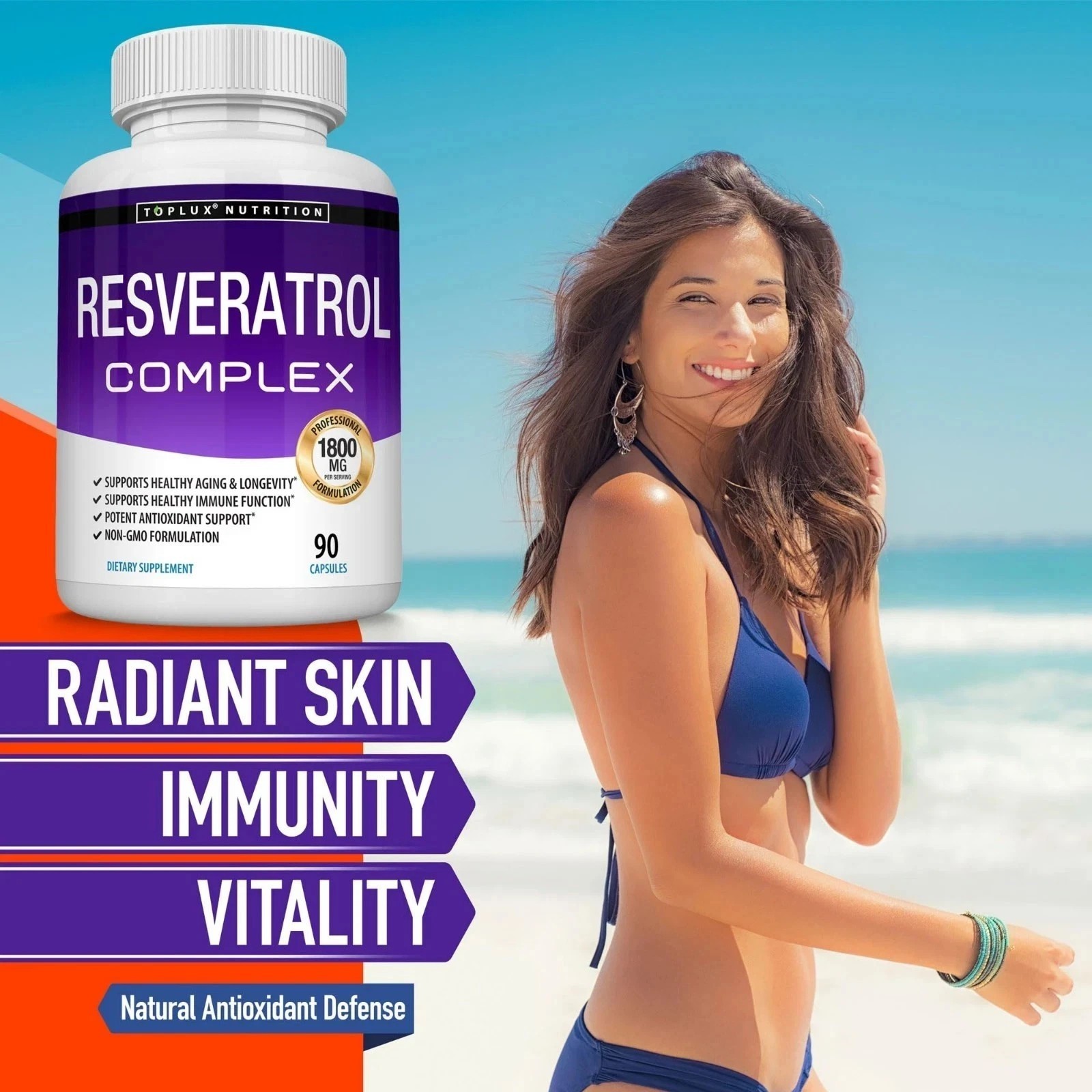 Toplux Resveratrol Complex,1800mg Natural Antioxidant,Cellular Health 90 Caps