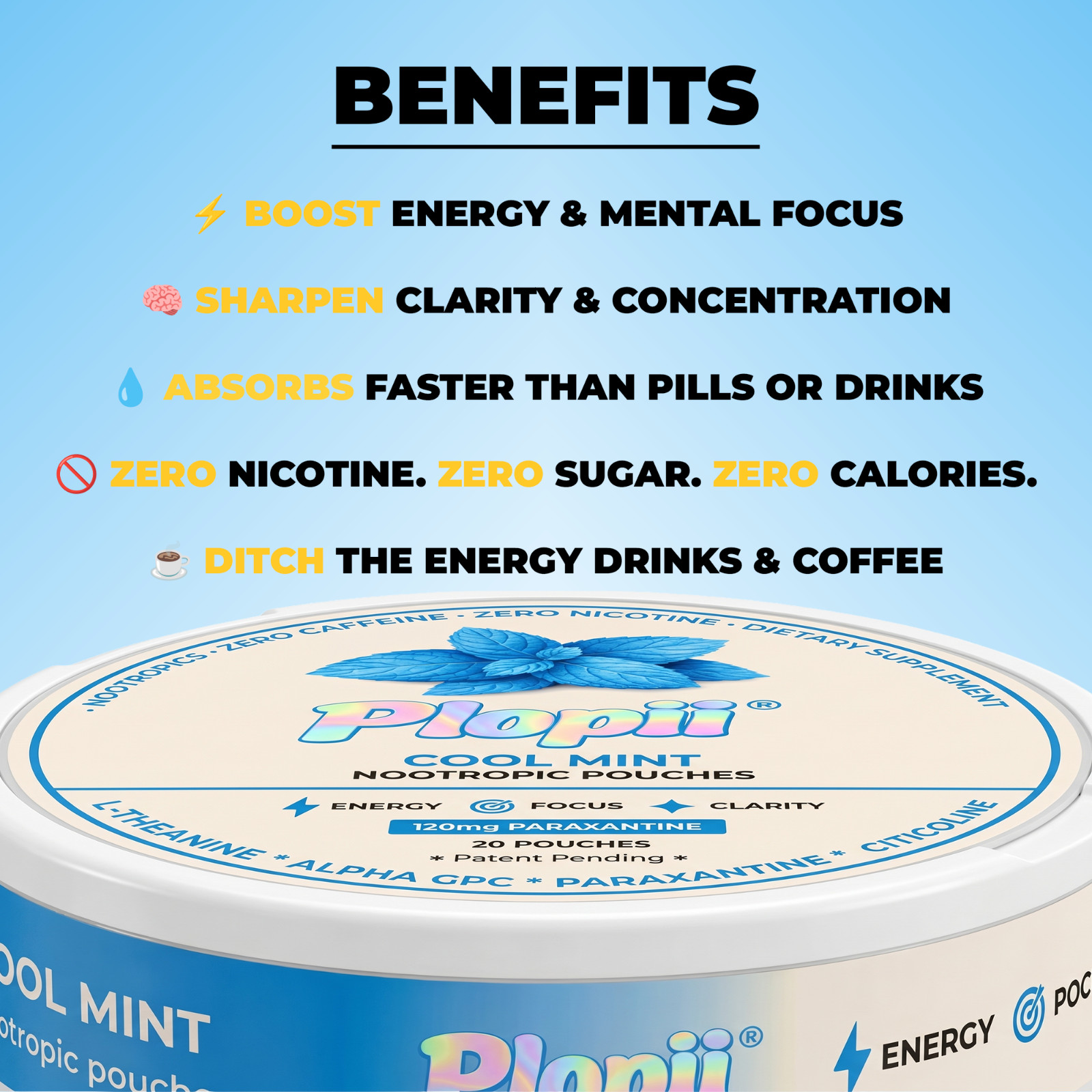 Plopii Focus Nootropic Pouches, 120mg Paraxanthine, Nicotine-Free, Caffeine-Free