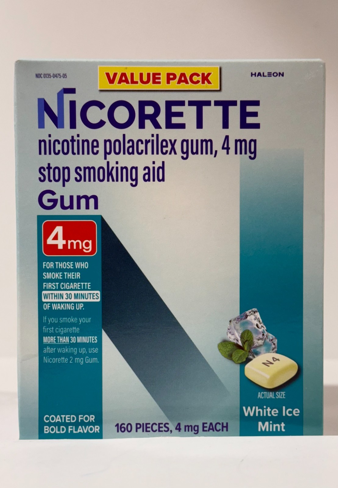 Nicorette 4 mg Nicotine Stop Smoking Aid Gum White Ice Mint – 160 Ct Exp 2027+