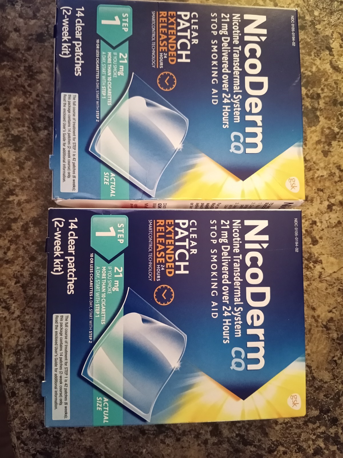 2 boxes NicoDerm CQ Step 1 Clear Nicotine Patches 21mg – 14 Count x 2 exp. 2028