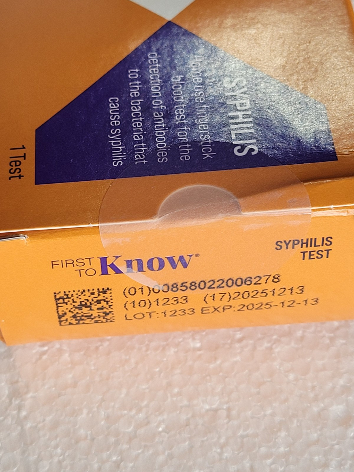 First To Know Syphilis Test, in Home Fingerstick Blood 12/25 DAMAGED BOX
