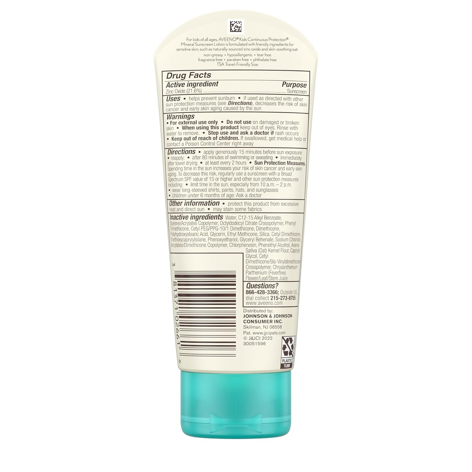 Aveeno Kids Continuous Protection Zinc Oxide Broad Spectrum Sunscreen Lotion for