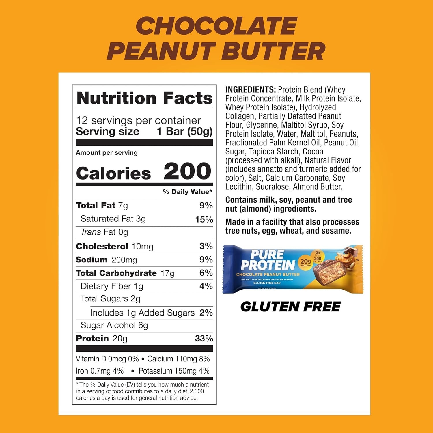 Pure Protein Bars Chocolate Peanut Butter 12 Pack 20g Protein Low Sugar