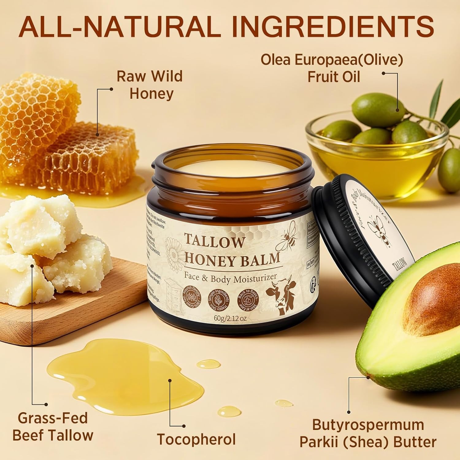 Tallow Honey Balm Face Body Moisturizer Grass Fed Beef Tallow 2oz