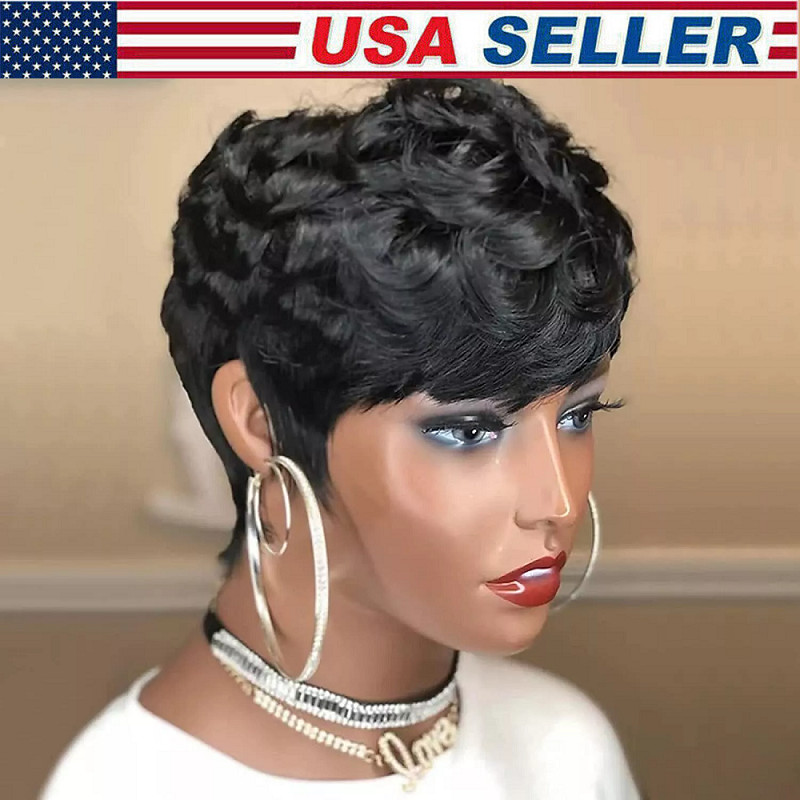 Short Curly Layered Pixie Cut Wigs for Women Human Hair Wave Wigs None Lace USA
