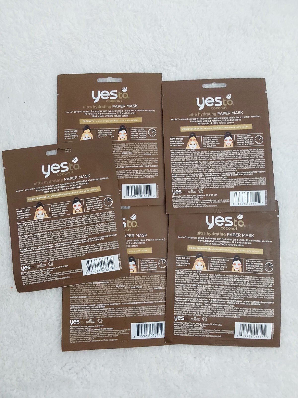 5x Yes To Coconut Hydrate & Restore Ultra Hydrating Paper Mask 0.67 oz each pack